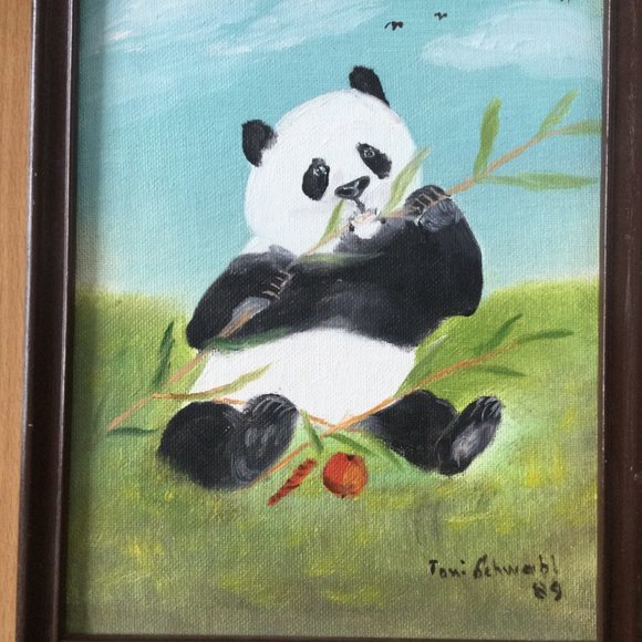 Original oil painting "panda in meadow" canvas board signed framed small - Picture 2 of 4